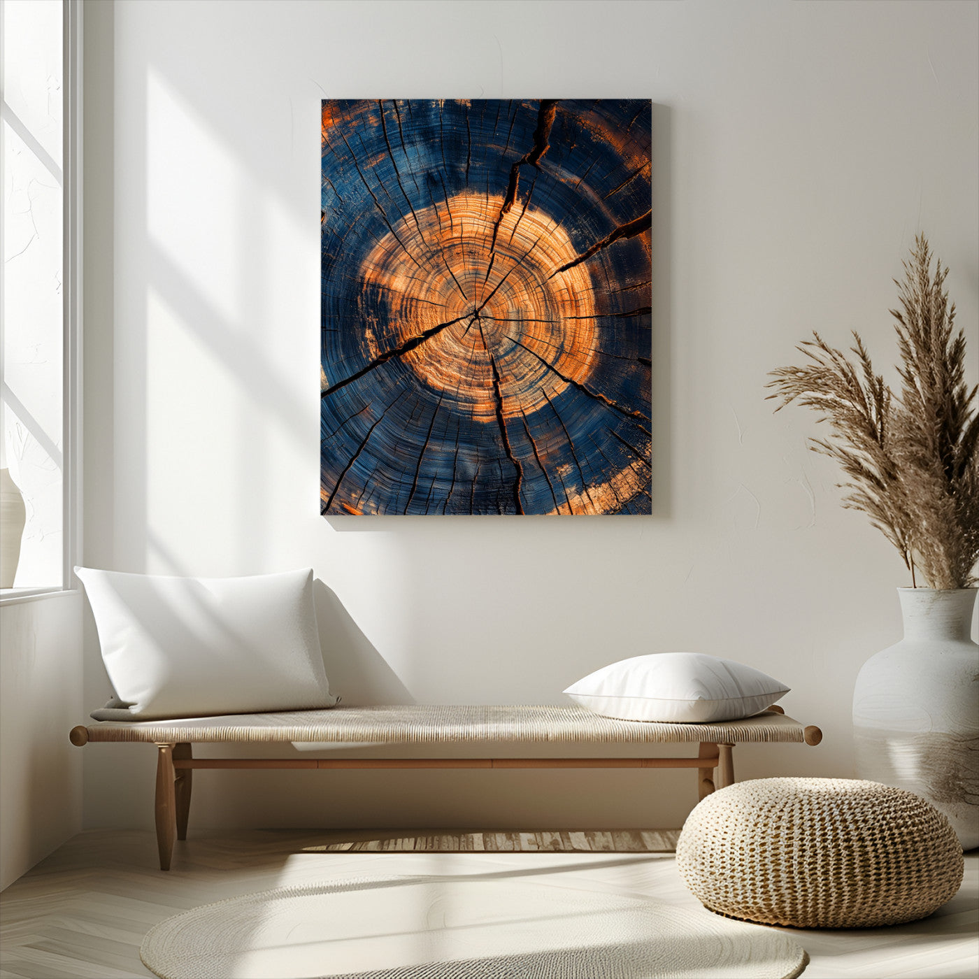 Close-up canvas of tree rings with burnt orange and deep blue tones, perfect for rustic or earthy-themed home decor.