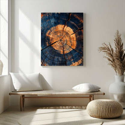Close-up canvas of tree rings with burnt orange and deep blue tones, perfect for rustic or earthy-themed home decor.