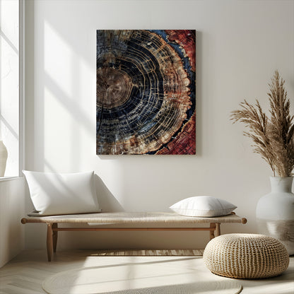 Rustic canvas featuring detailed tree rings and dark earthy tones, ideal for moody wood or organic nature-inspired home decor.
