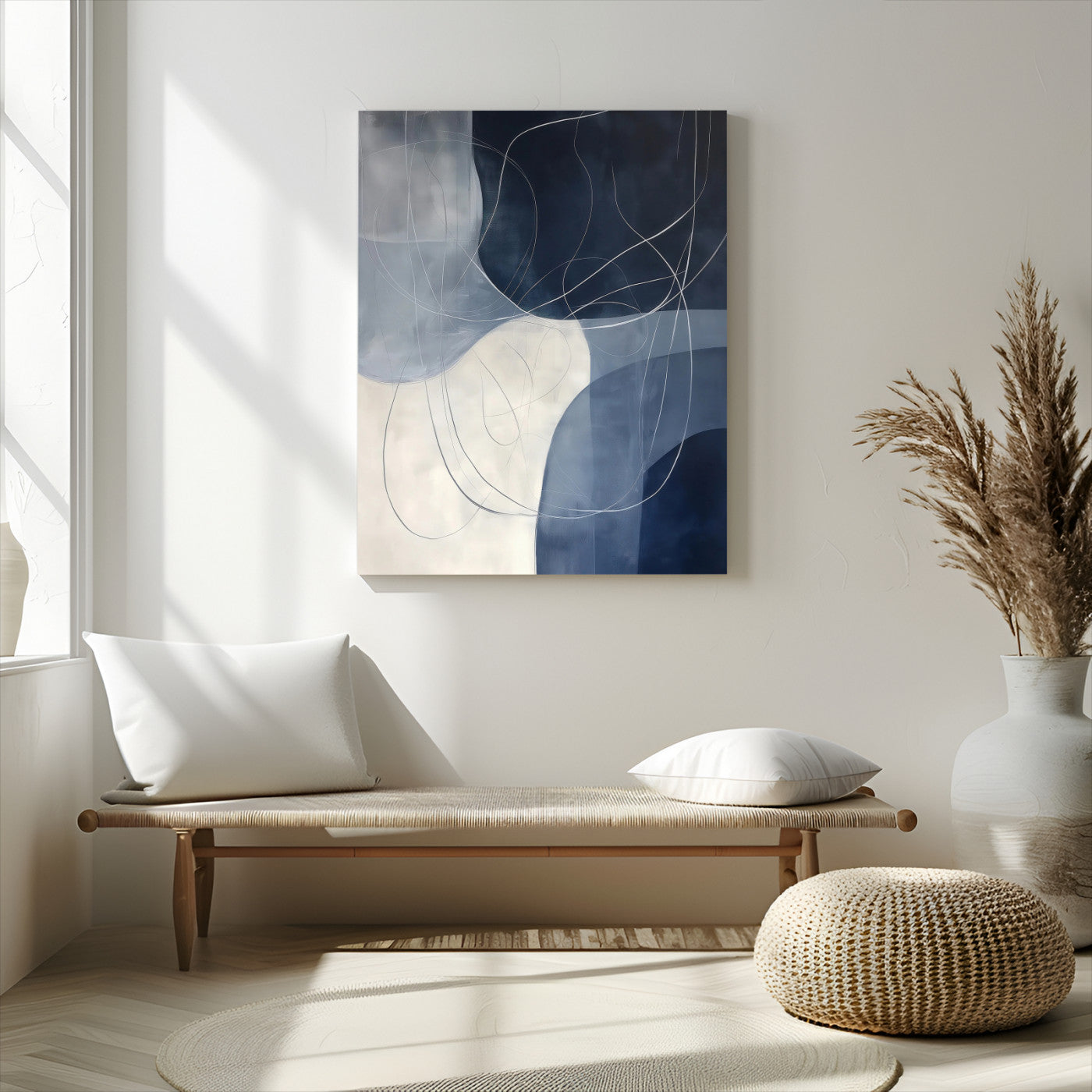 Contemporary abstract canvas with navy, grey, and white curved forms and fine line details, ideal for minimalist or modern interiors.