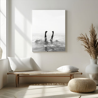 Black and white ocean art featuring a swimmer's legs mid-splash, perfect for minimalist, coastal, or monochrome modern interiors.