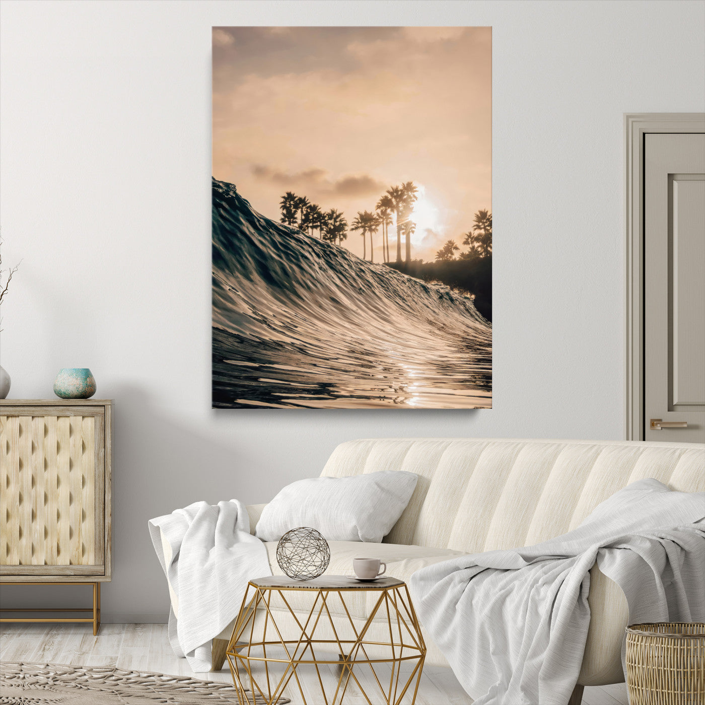 Golden sunset view of an ocean wave curling near palm trees, radiating warm tones perfect for coastal or tropical-themed decor.