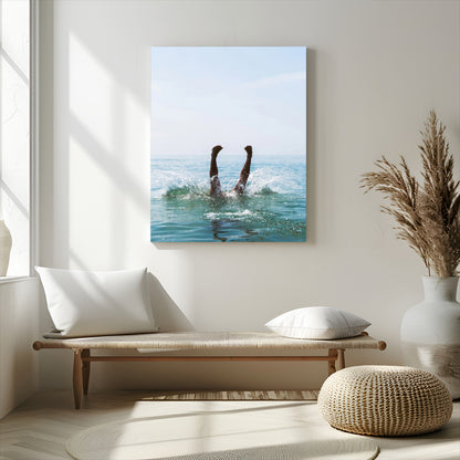 Vibrant ocean canvas of a playful diving splash, ideal for coastal or beach-themed interiors with a lively summer vibe.