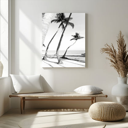 Black and white wall art of palm trees and a hammock on a beach, ideal for coastal minimalist or tropical-themed decor.
