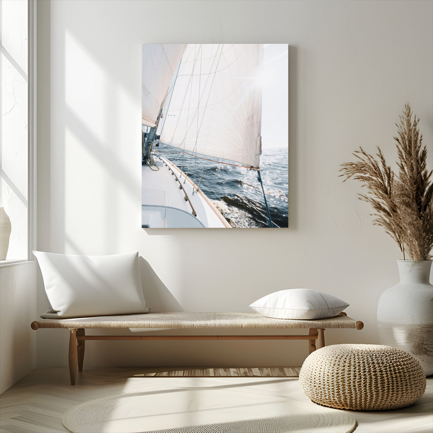 Canvas of a sailboat gliding on a sunlit ocean with white sails and sparkling water, ideal for coastal minimalist or nautical-style home decor.