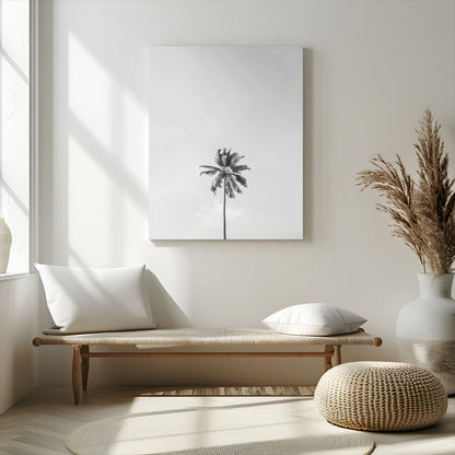 Canvas of a single palm tree in black and white with minimalist sky, ideal for modern coastal minimalist or tropical-inspired home decor.