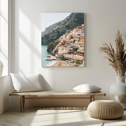 Canvas of colorful cliffside homes in Positano along the Amalfi Coast with warm tones, perfect for Mediterranean coastal or European-inspired home decor.