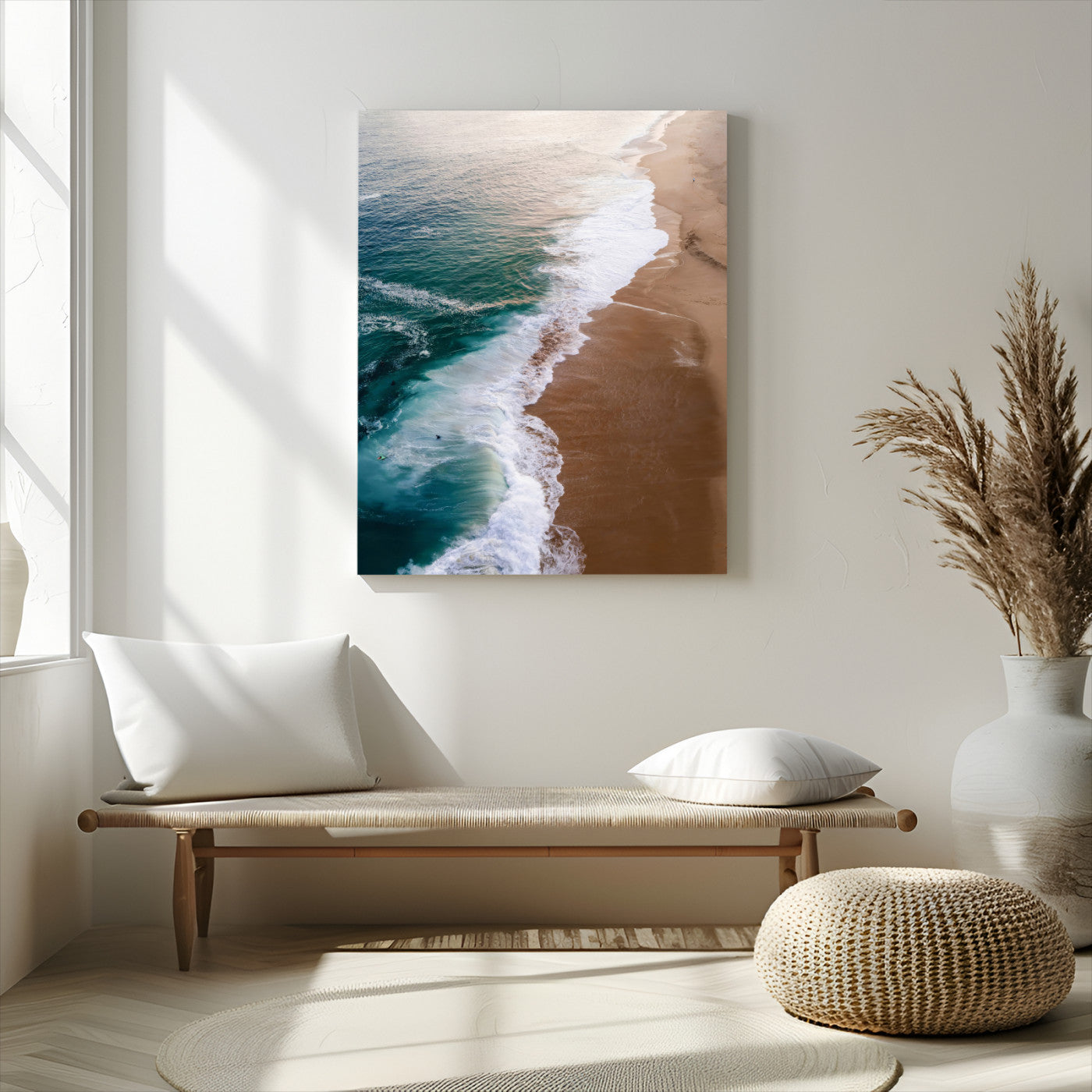 Canvas of a dreamy aerial beach scene with turquoise waves and soft sunset tones, ideal for modern coastal or minimalist home decor.