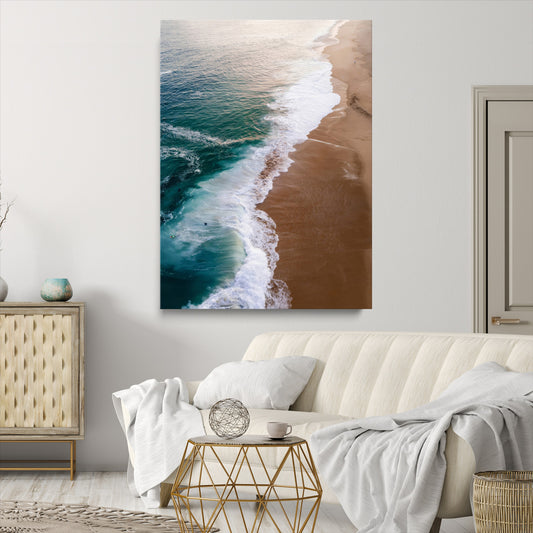 Aerial Beach Scene Wall Art Canvas Print, Coastal Waves Print, Framed Turquoise Ocean Water Art Print, Large Sandy Shoreline Printing Perfect for Modern Coastal Decor
