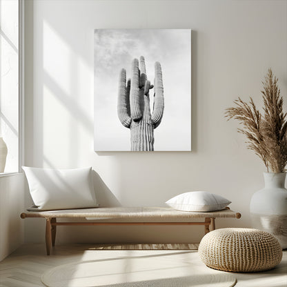 Canvas of a tall saguaro cactus in black and white with moody tones, perfect for southwestern minimalist or modern desert-themed home decor.