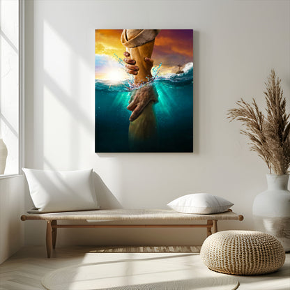 A dramatic scene of a hand reaching underwater and being lifted, symbolizing rescue and faith, ideal for spiritual or Christian wall decor.