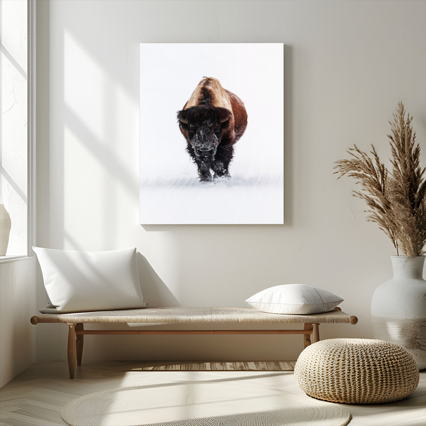 Front view of a strong bison walking in deep snow, isolated white background, perfect for rustic or lodge-style home decor.