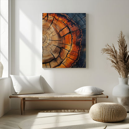 Close-up of a vibrant tree ring cross-section with orange and blue tones, ideal for rustic or boho-style interior decor.