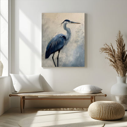 Blue heron standing gracefully on one leg, painted in soft neutrals and cool tones, perfect for modern coastal or nature-inspired decor.