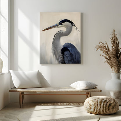 Single blue heron in profile with soft feathers and neutral tones, ideal for tranquil, coastal or nature-inspired interior settings.