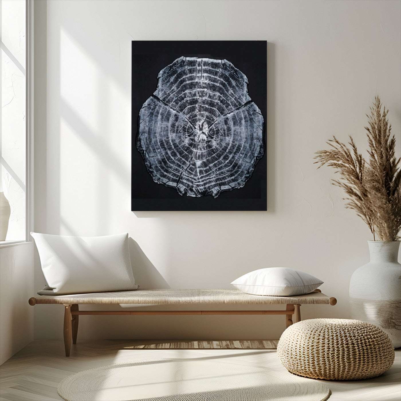 Monochrome tree ring cross-section on black background, showing detailed growth lines, perfect for modern rustic or minimalist interiors. (