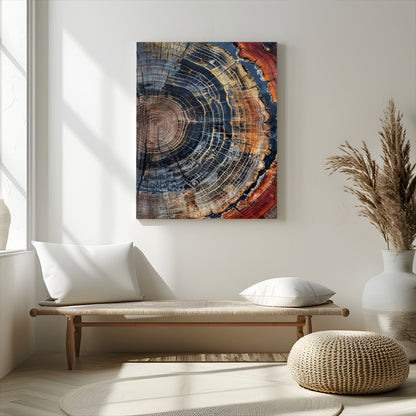 Detailed tree ring cross-section with rich earth tones and wood texture, ideal for rustic, cabin, or nature-inspired interior wall decor.