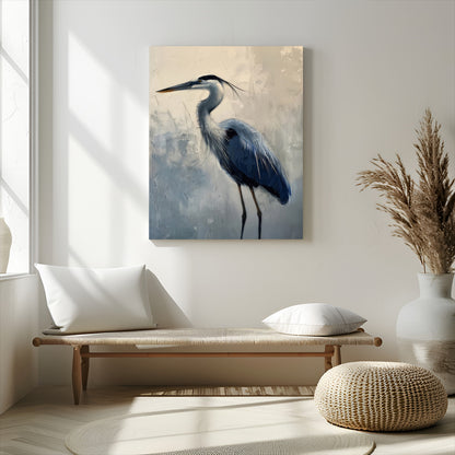 Elegant heron bird standing tall with soft brushstroke texture and muted tones, perfect for coastal or nature-themed home decor.