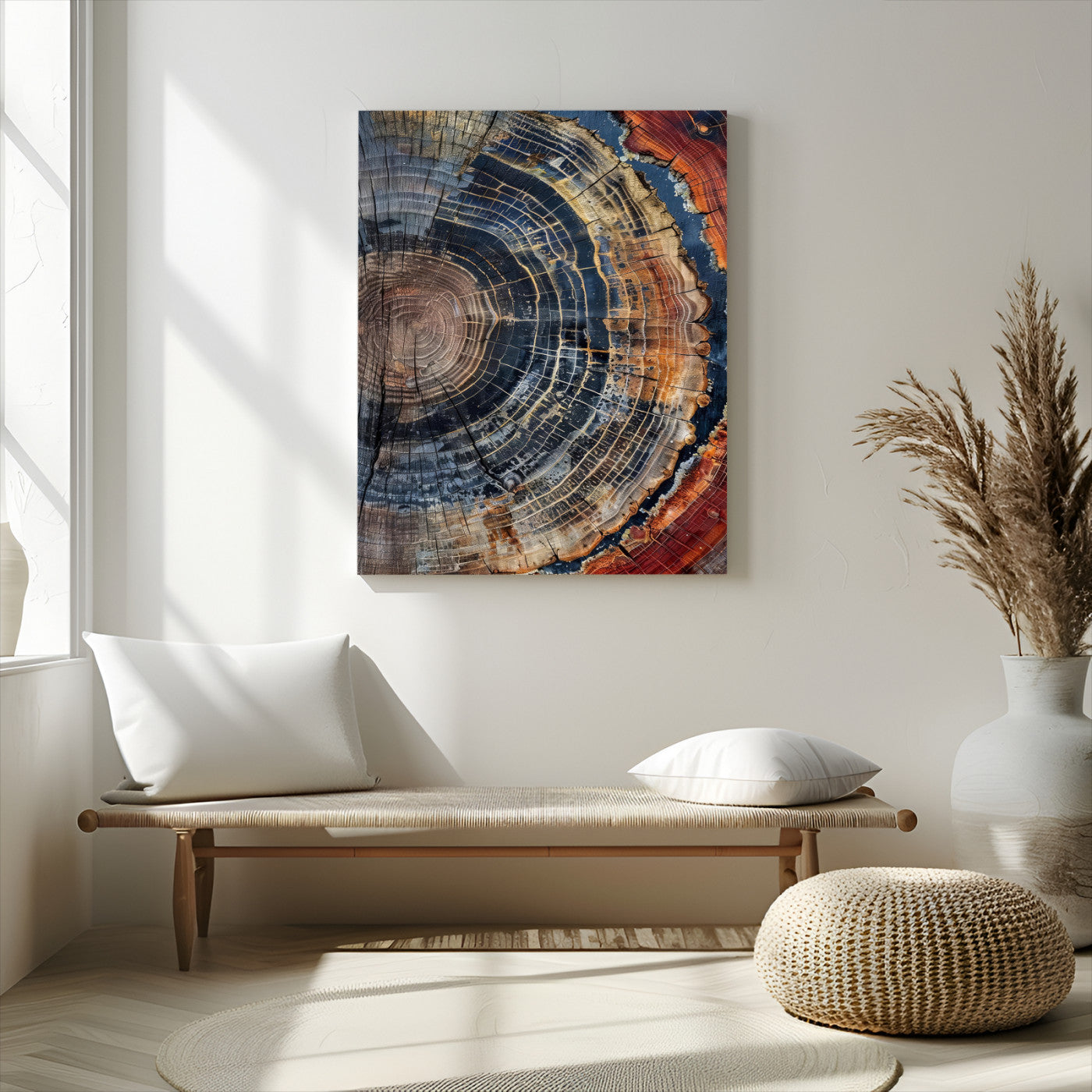 Close-up of a tree ring cross-section showing detailed growth rings in earthy tones, perfect for rustic or nature-inspired home decor.