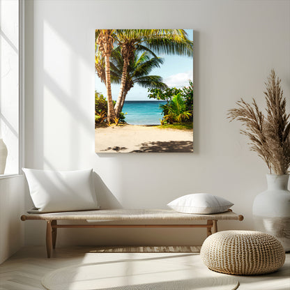 Tropical beach with palm trees, blue ocean, and clear sky, perfect for coastal or beach-themed wall decor in sunny living spaces.