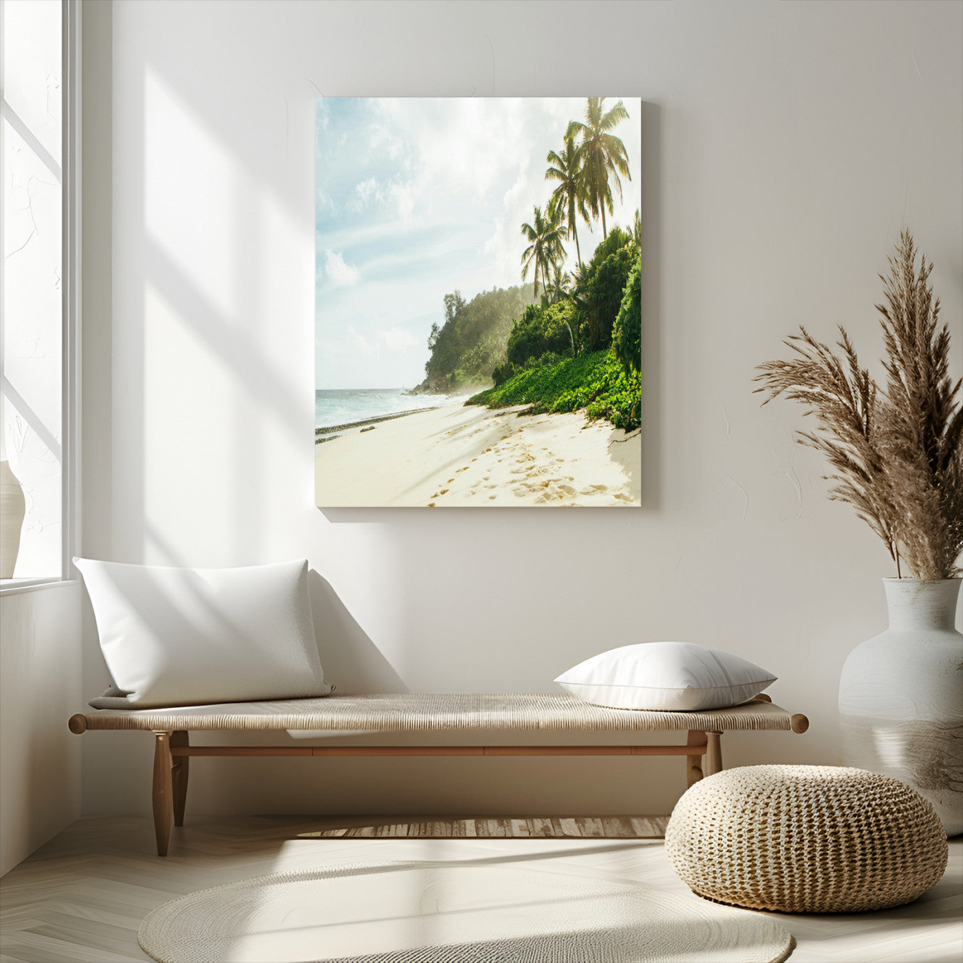 A tropical beach with palm trees, soft sand, and ocean waves under a bright sky, creating a peaceful and relaxing coastal view.