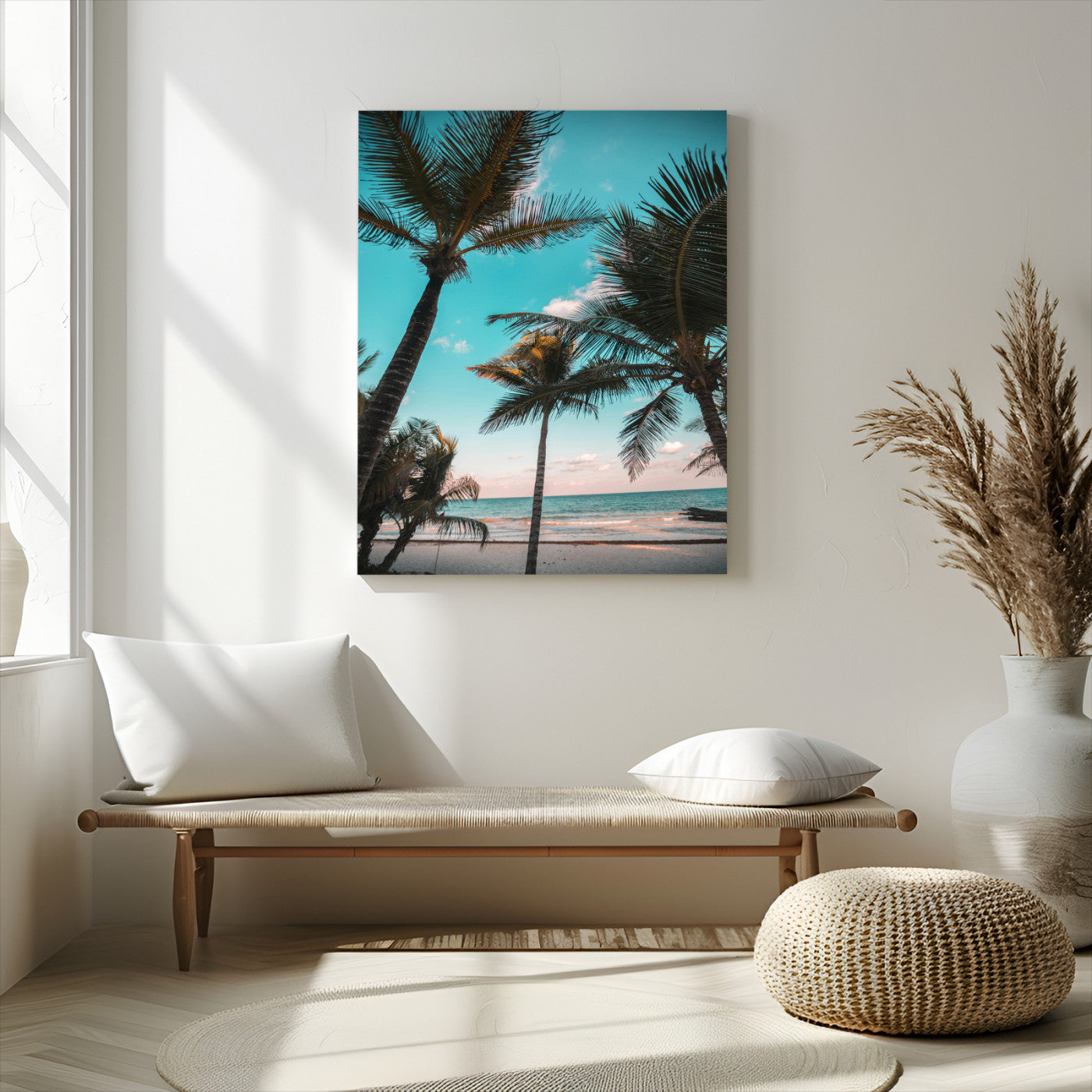 Tall palm trees swaying over a tropical beach with turquoise ocean waves and a soft sunset glow, creating a relaxing coastal vibe.
