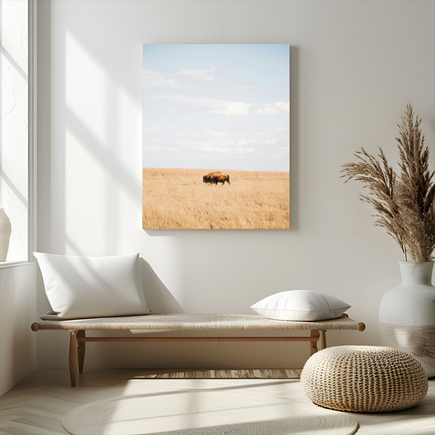 Minimalist Nature Wall Art Canvas Print, Framed Bison In Grassland Art Picture Print, Open Field Perfect Modern Ranch Decor Decor Artwork