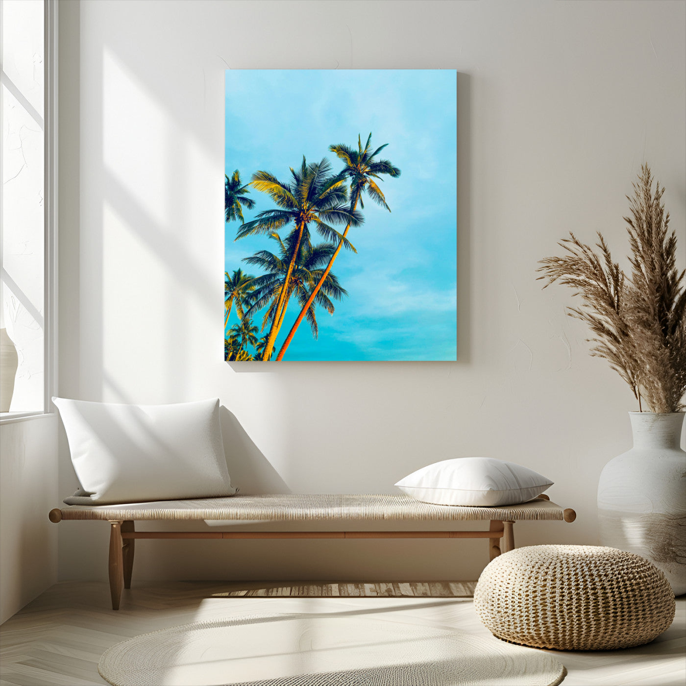 "Tall palm trees with golden sunlight against a vibrant blue sky, creating a tropical, relaxing atmosphere for coastal and beach-themed decor.
