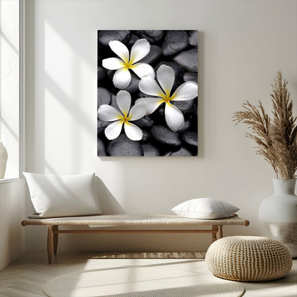 Large Wall Art White Flowers on Black Zen Meditation Stones Vertical Canvas Print