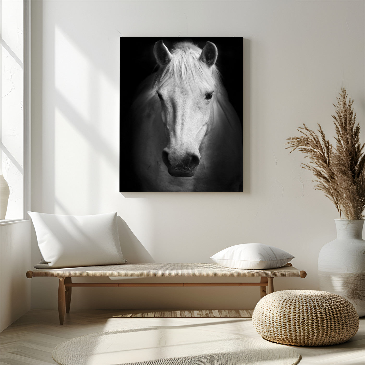 Large Wall Art White Horse on Black Background Canvas Print