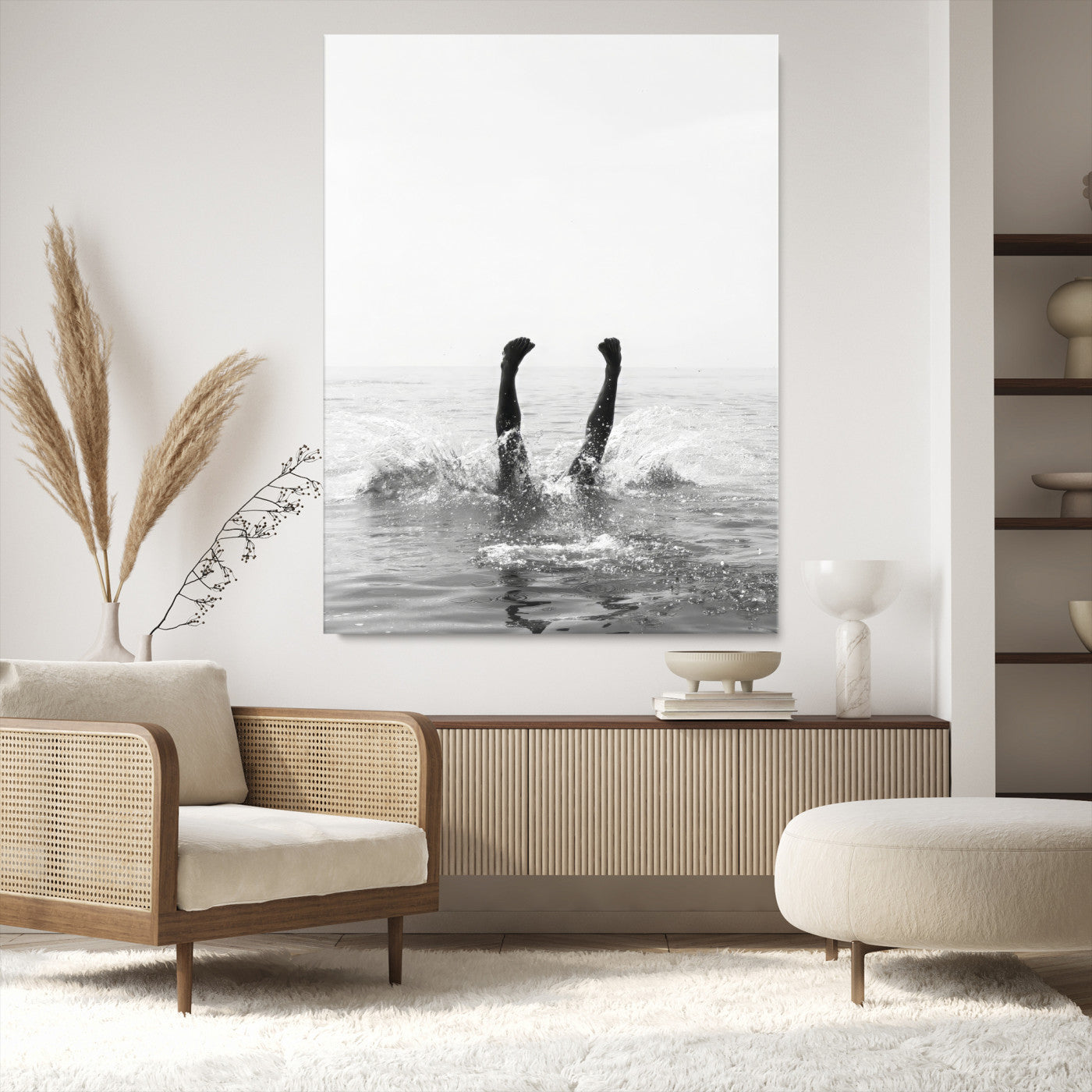 Black and white ocean art featuring a swimmer's legs mid-splash, perfect for minimalist, coastal, or monochrome modern interiors.