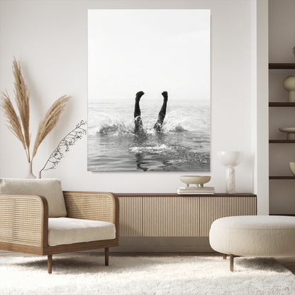 Black and white ocean art featuring a swimmer's legs mid-splash, perfect for minimalist, coastal, or monochrome modern interiors.