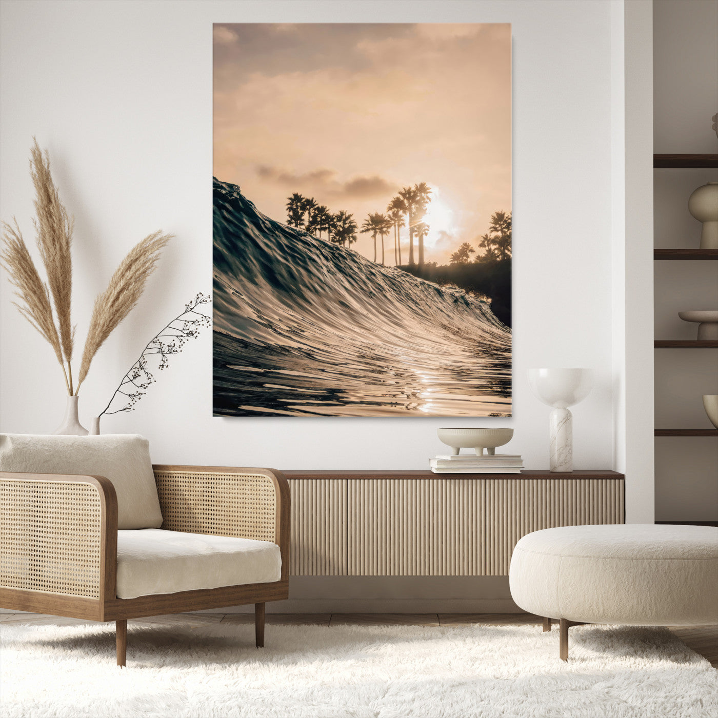 Golden sunset view of an ocean wave curling near palm trees, radiating warm tones perfect for coastal or tropical-themed decor.