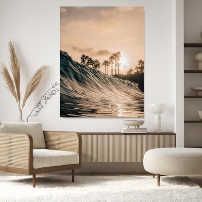 Golden sunset view of an ocean wave curling near palm trees, radiating warm tones perfect for coastal or tropical-themed decor.