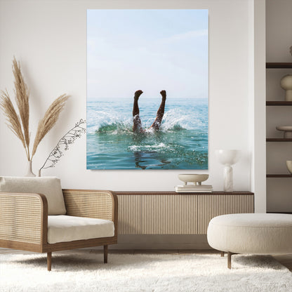 Vibrant ocean canvas of a playful diving splash, ideal for coastal or beach-themed interiors with a lively summer vibe.