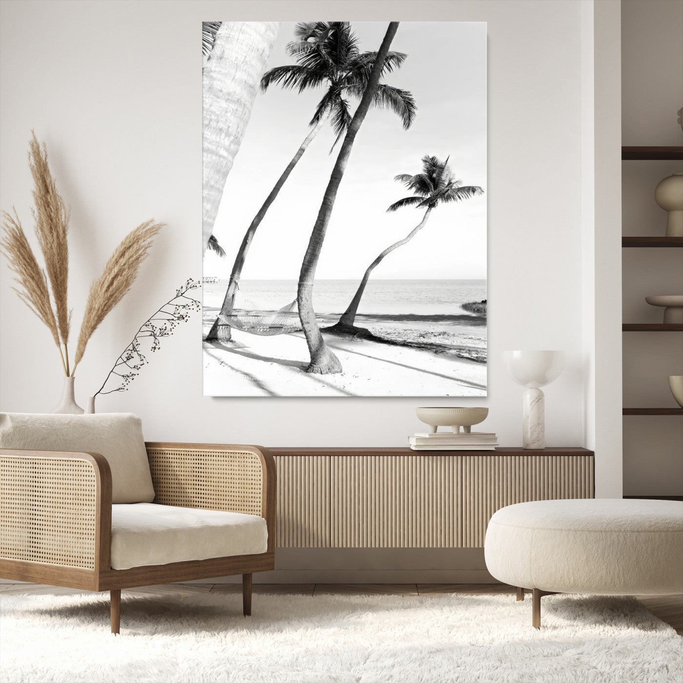 Black and white wall art of palm trees and a hammock on a beach, ideal for coastal minimalist or tropical-themed decor.