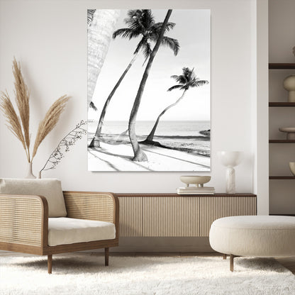 Black and white wall art of palm trees and a hammock on a beach, ideal for coastal minimalist or tropical-themed decor.