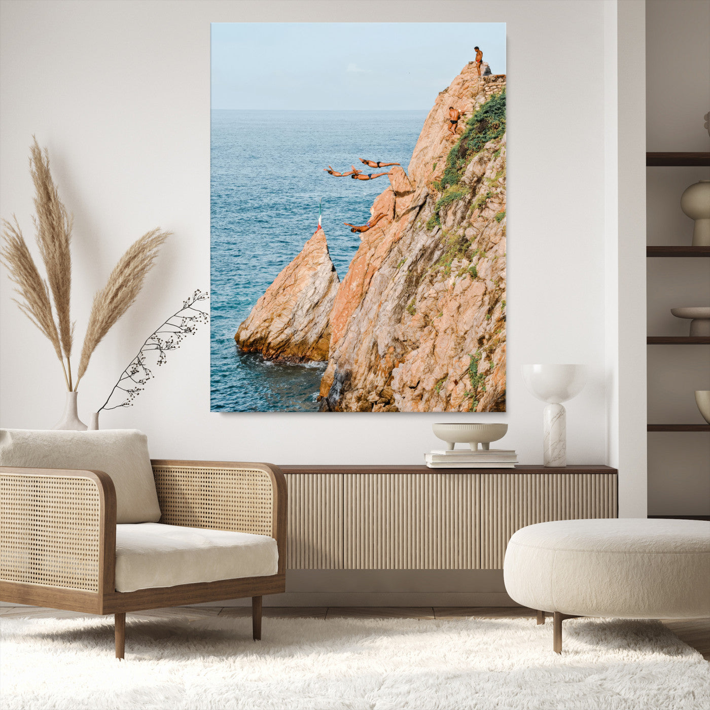 Canvas wall art capturing a bold cliff diving sequence into turquoise waters, perfect for vibrant and adventurous coastal or sporty interiors.