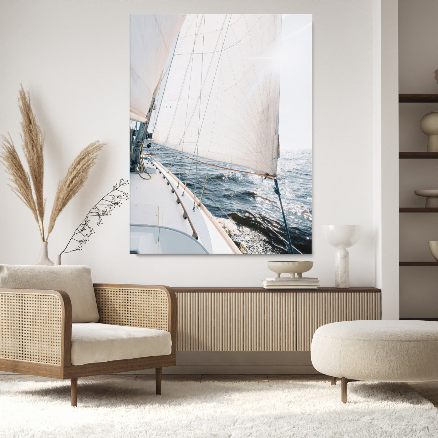 Canvas of a sailboat gliding on a sunlit ocean with white sails and sparkling water, ideal for coastal minimalist or nautical-style home decor.