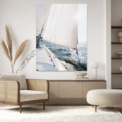 Canvas of a sailboat gliding on a sunlit ocean with white sails and sparkling water, ideal for coastal minimalist or nautical-style home decor.