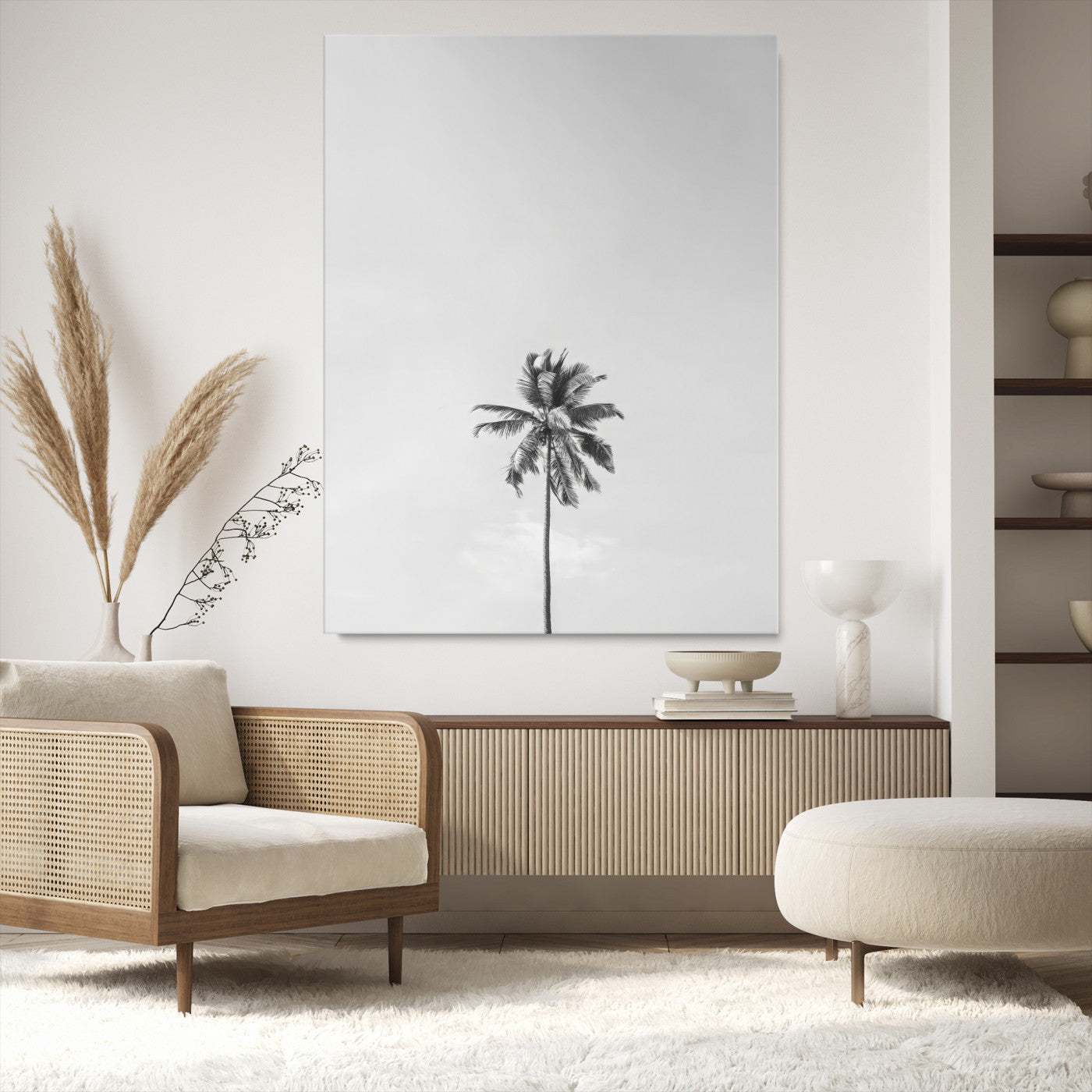 Canvas of a single palm tree in black and white with minimalist sky, ideal for modern coastal minimalist or tropical-inspired home decor.