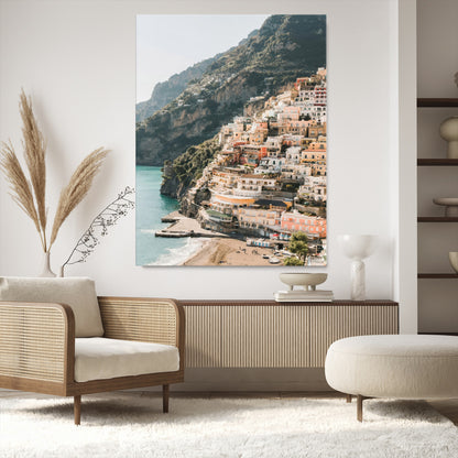 Canvas of colorful cliffside homes in Positano along the Amalfi Coast with warm tones, perfect for Mediterranean coastal or European-inspired home decor.