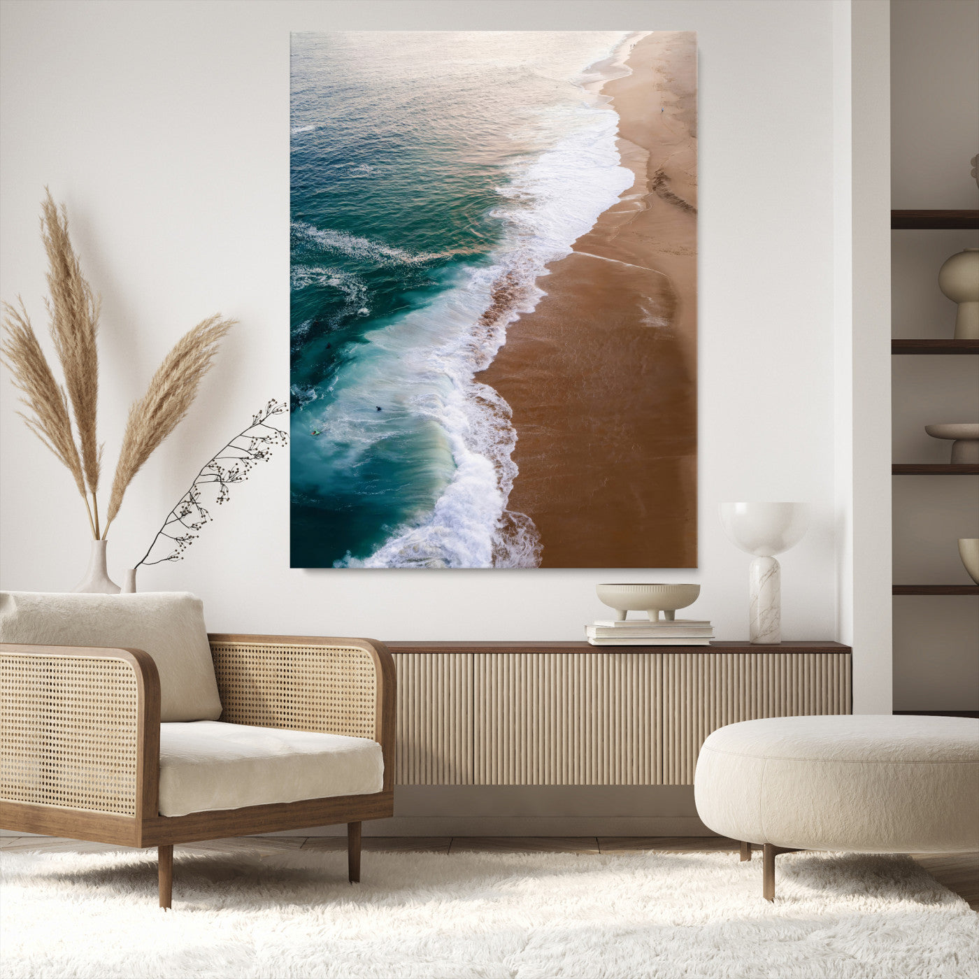 Canvas of a dreamy aerial beach scene with turquoise waves and soft sunset tones, ideal for modern coastal or minimalist home decor.