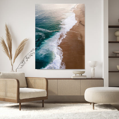 Canvas of a dreamy aerial beach scene with turquoise waves and soft sunset tones, ideal for modern coastal or minimalist home decor.