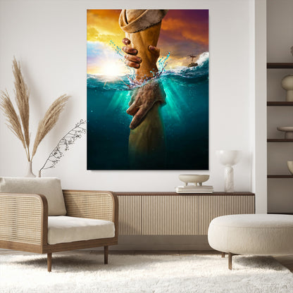 A dramatic scene of a hand reaching underwater and being lifted, symbolizing rescue and faith, ideal for spiritual or Christian wall decor.