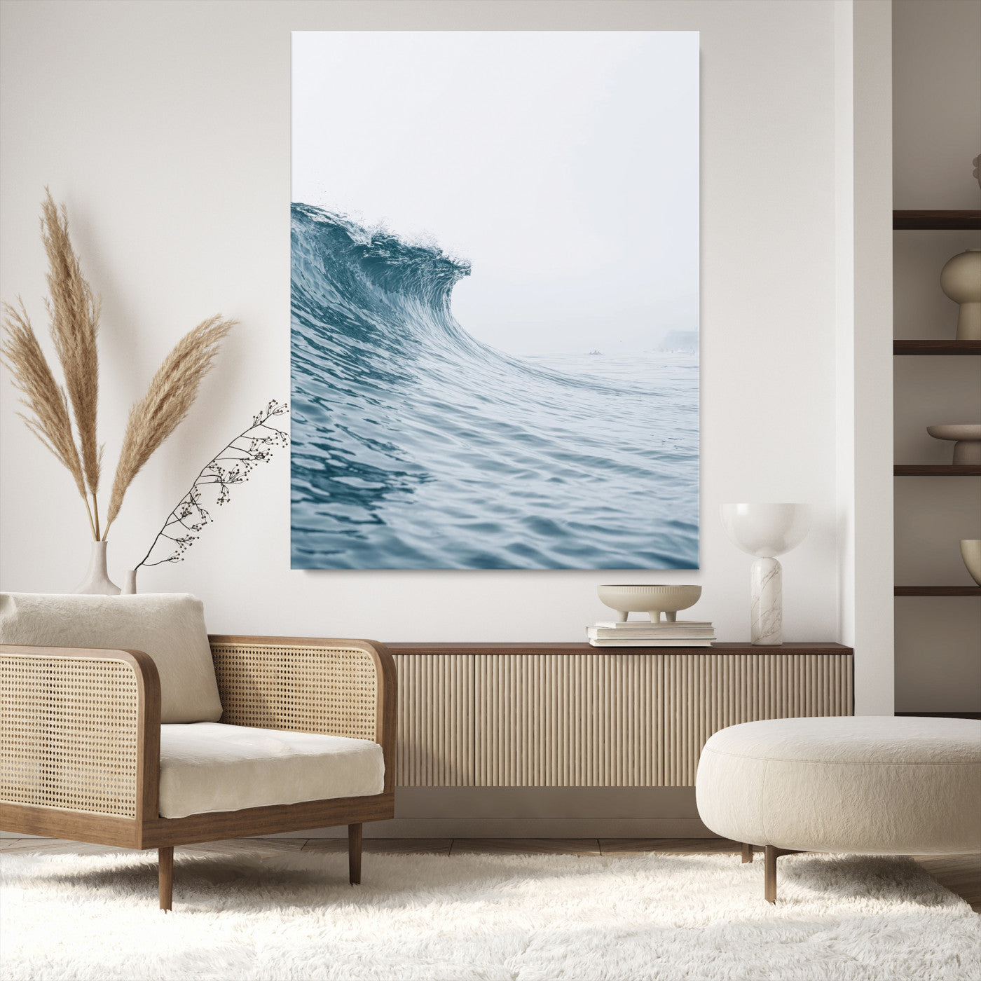 A single ocean wave curling in soft blue tones under a misty sky, ideal for coastal or minimalist home wall decor.