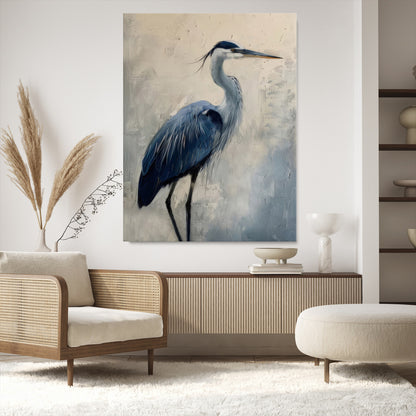 Blue heron standing gracefully on one leg, painted in soft neutrals and cool tones, perfect for modern coastal or nature-inspired decor.