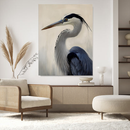 Single blue heron in profile with soft feathers and neutral tones, ideal for tranquil, coastal or nature-inspired interior settings.