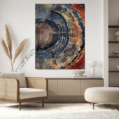 Detailed tree ring cross-section with rich earth tones and wood texture, ideal for rustic, cabin, or nature-inspired interior wall decor.