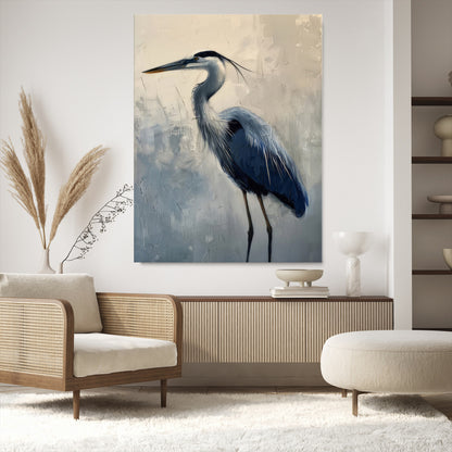 Elegant heron bird standing tall with soft brushstroke texture and muted tones, perfect for coastal or nature-themed home decor.